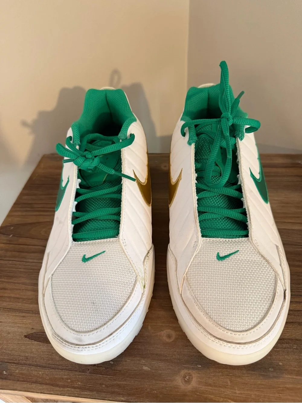 Nike LeBron sneakers White, Green & Gold, Low-Top, big kids size 7Y